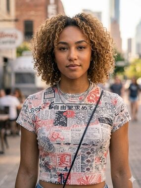 Bershka Cream Crop Tee with Coral & Black Newspaper Print